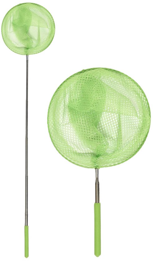 Twee groene schepnetten met telescopische zilveren stelen, één groter dan de ander, op een witte achtergrond.
