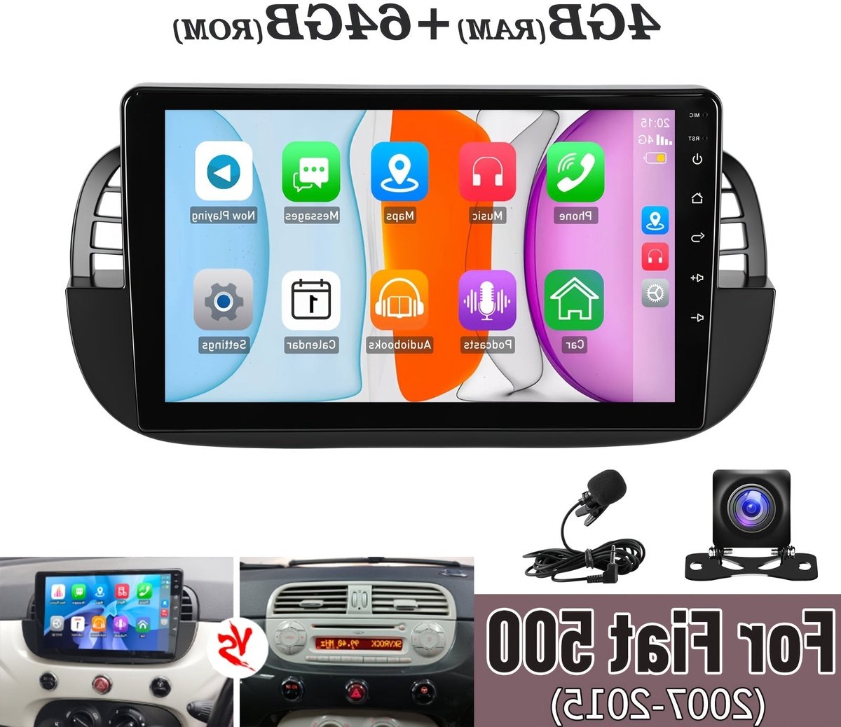 Autoradio FIAT 500 – Multimedia Speler – Navigatiesysteem – Car Audio Systeem – Auto Entertainment – Android 14 – 9 Inch HD Touchscreen – Draadloos CarPlay & Android Auto – AHD Camera & Microfoon