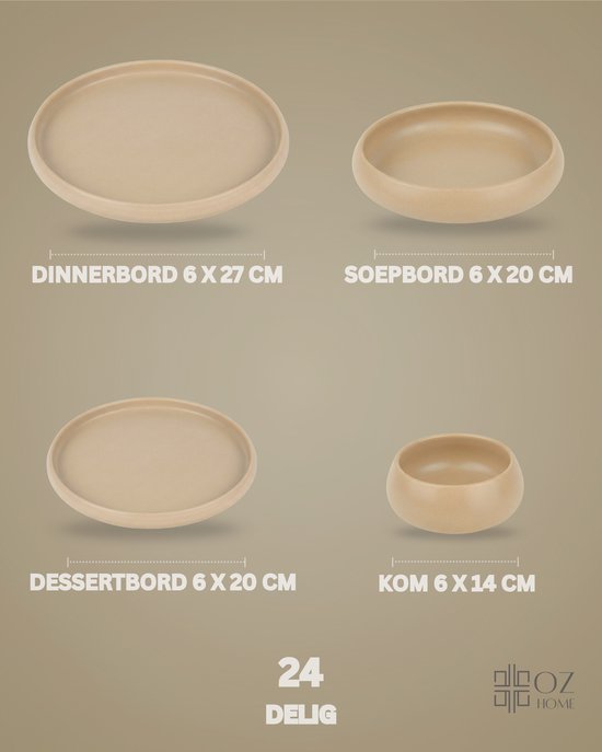 Bavary Chubby Serviesset 24-delig Porselein - Beige - 6 Personen - Mat buiten/Glanzend Binnen - Vaatwasser- & Magnetronbestendig — afbeelding 2