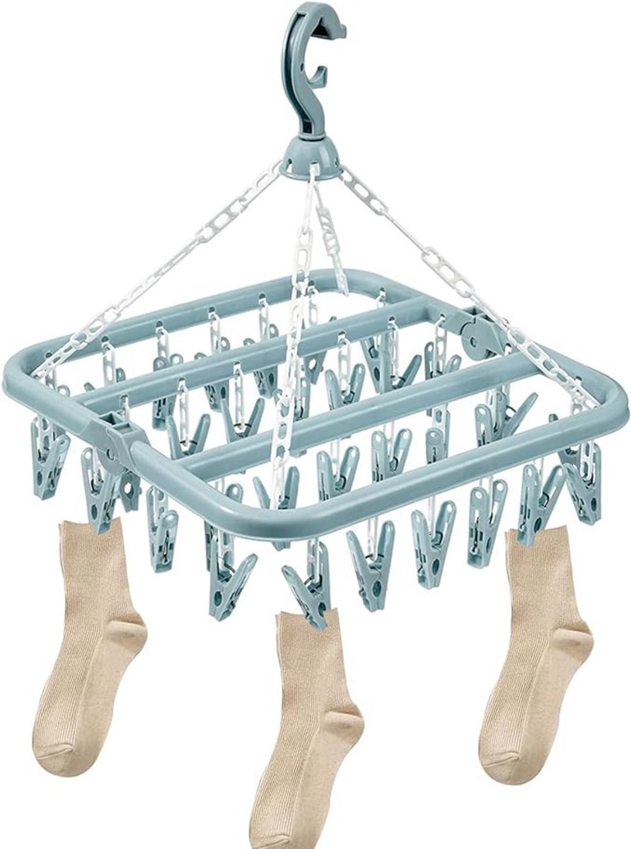 Opvouwbare sokkenhanger met 32 clips voor wasrek - Blauw