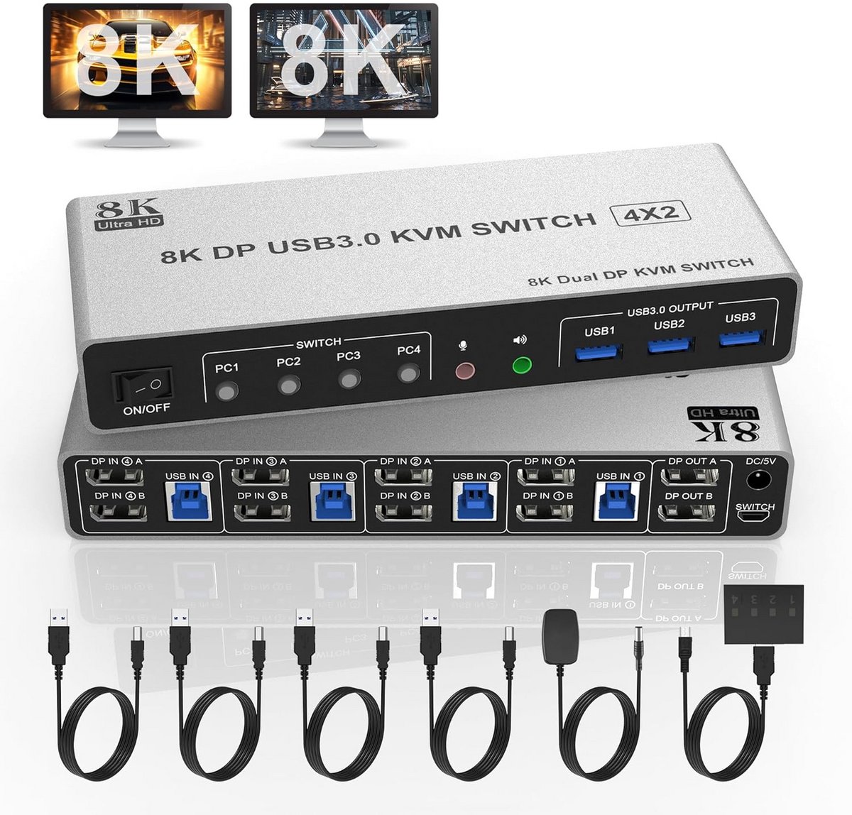KVM-switch 4 PC's Delen 2 DisplayPort Monitoren 8K@60Hz USB 3.0