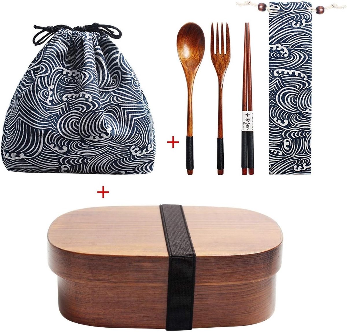 Houten Lunchbox Japanse Bento Box met Bestek en Tas - Vierkant & Ovaal