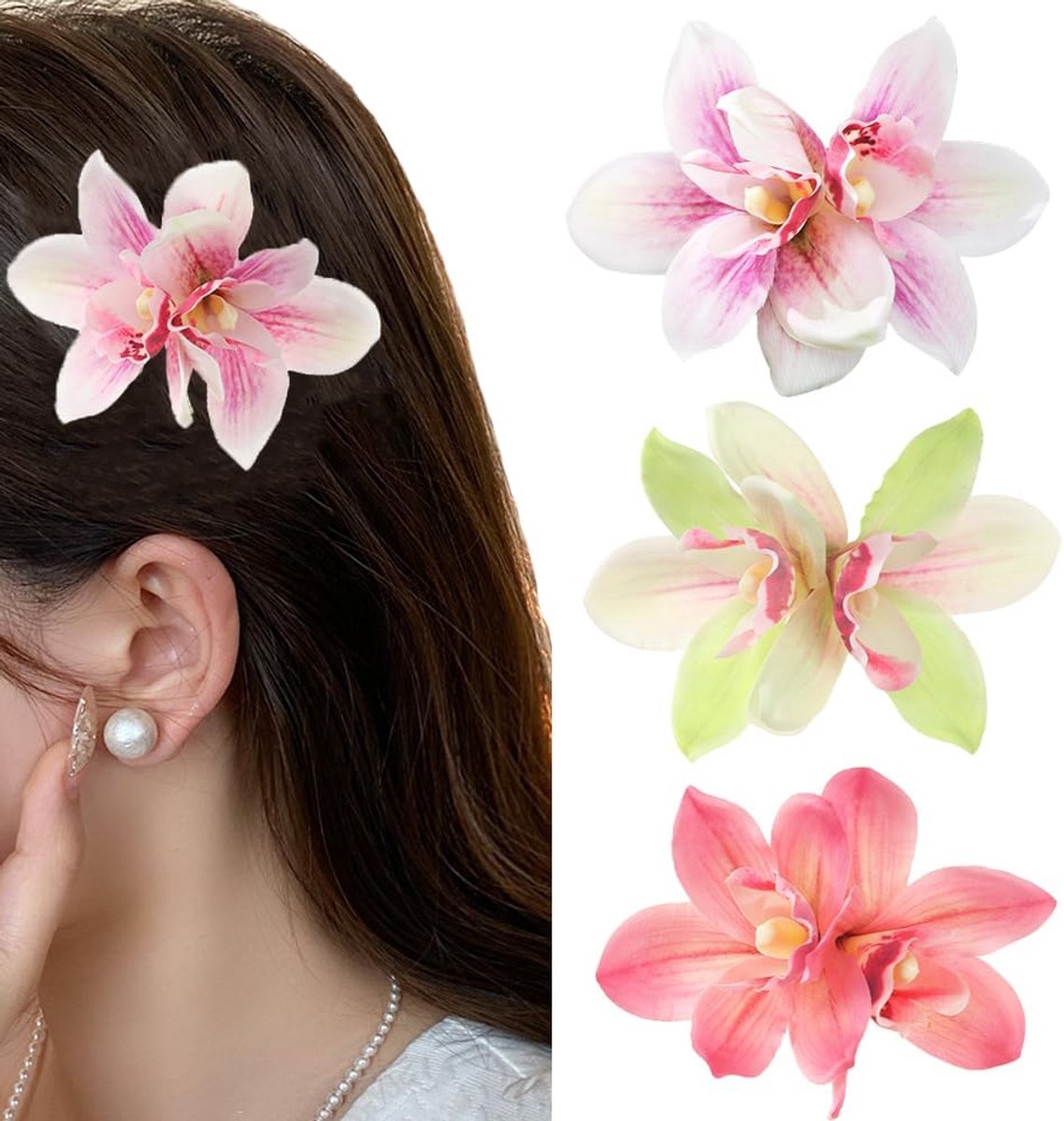 Set van 3 tropische Hawaiiaanse bloemen haarspelden voor dames en bruiloften