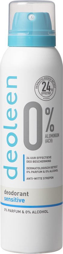 Deoleen 0% Aluminium - Deodorant Sensitive - 24 uur effectieve bescherming - 0% parfum & 0% alcohol - Dermatologisch getest - Anti-witte strepen - 150 ml