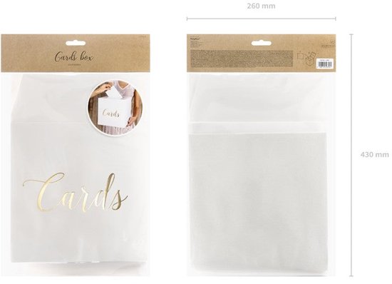 Witte kartonnen doos voor kaarten met gouden opschrift 'Cards', verpakt in doorzichtig plastic.