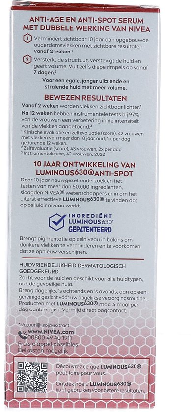 Zijkant van Nivea Luminous630 anti-spot verpakking met productinformatie en ingrediënten.