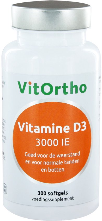 Witte pot met oranje cirkel met tekst 'Vitamine D3 3000 IE Goed voor de weerstand en voor normale tanden en botten'. 300 softgels.