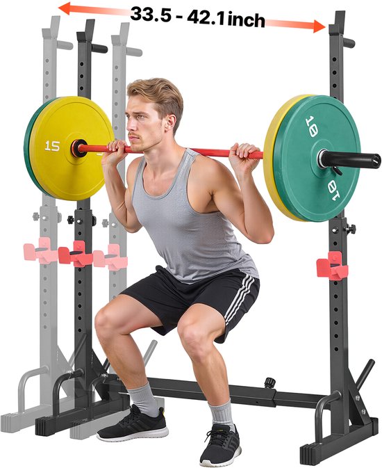 VEVOR Power Cage Squat Rack voor Thuisgym met Verstelbare Hoogte en Breedte, Draagvermogen Van 250 Kg, Krachttrainingsapparaat met Halterrekken en J-Haken voor Bankdrukken, Squats en Gewichtheffen.