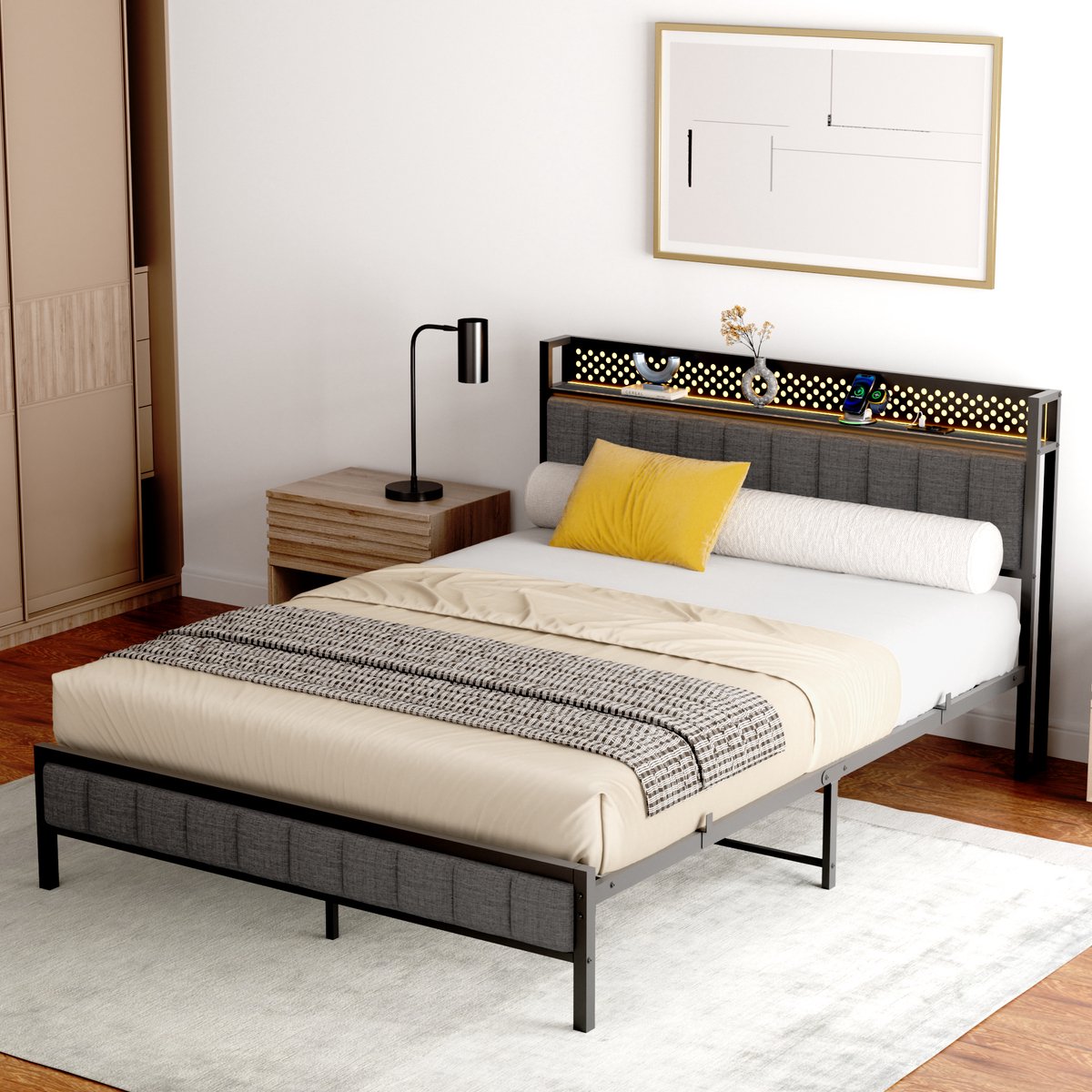 MODFU Metalen tweepersoonsbed 140x200 cm met lattenbodem en opbergruimte – industrieel & stabiel design