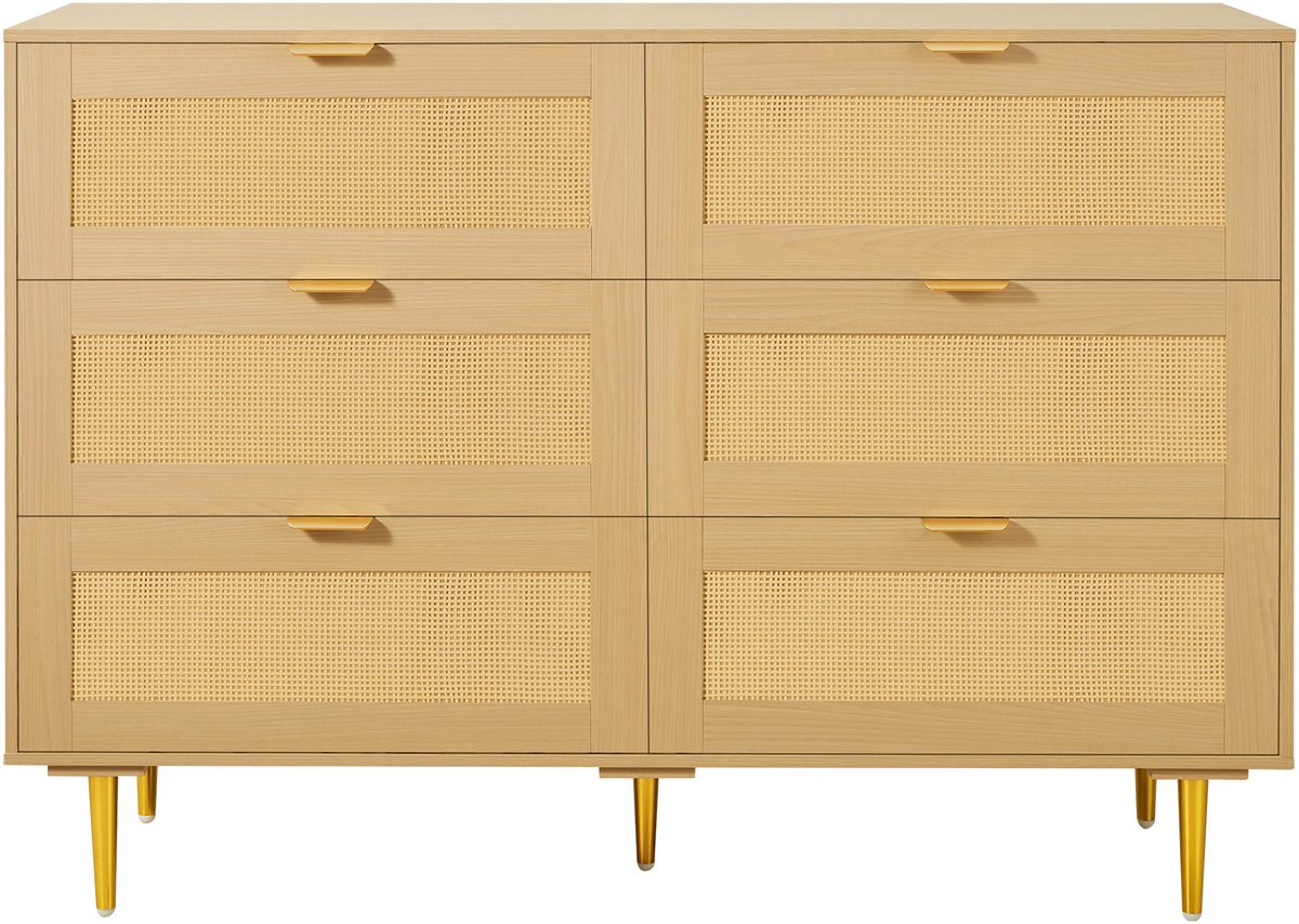 Vevor Rattan Commode met 6 Laden, metalen Handgrepen en Poten, Moderne Rattan Kast voor Slaapkamer, Woonkamer, Hal (120 X 39,5 X 85,4 cm) Kledingkast Natuurlijk hout
