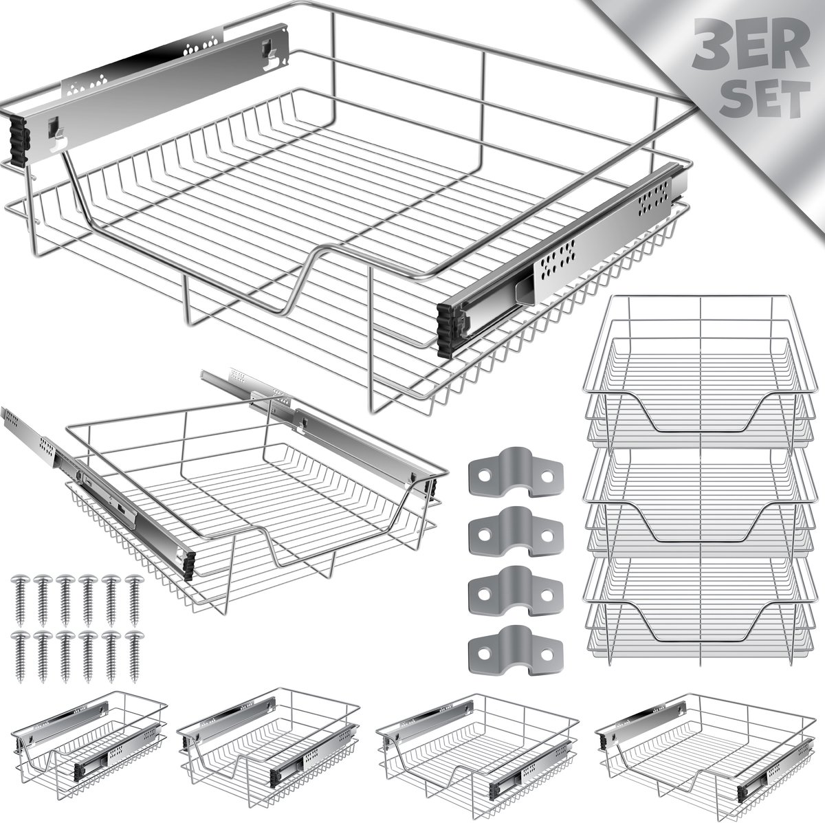 KESSER® Keukenlade / Telescopische lade / Keukenkast / Mand uittrekbaar / Kast uittrekbaar / Volledig uittrekbaar / Lade - 3x 60cm - Zilver