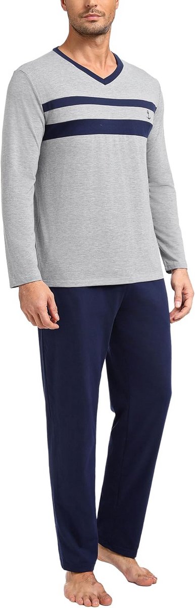 Heren Katoenen Pyjama Lange Mouw en Lange Broek Set