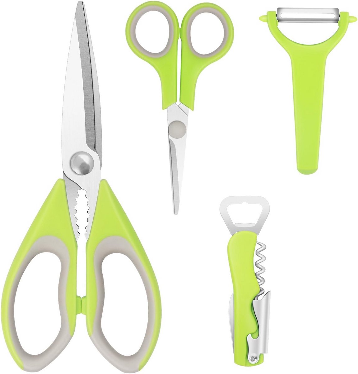 Multifunctionele Keukenschaar Set met Roterende Dunschiller en Flesopener - 4 Delig RVS