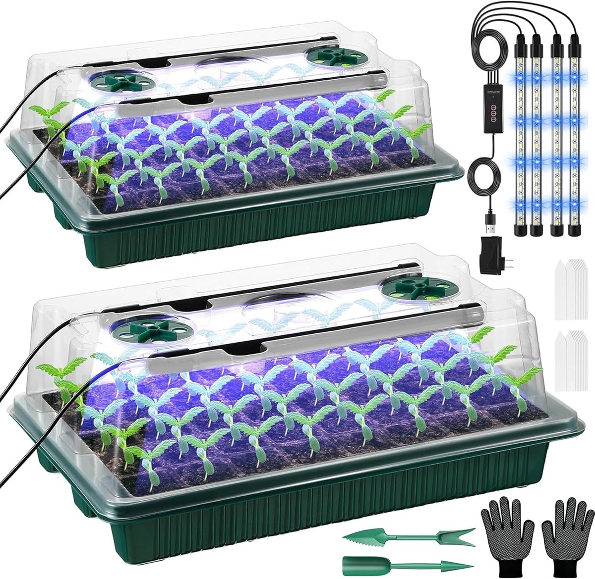 Famanu – Kas kweekbak - 2 stuks 80 gaten - mini-broeikasset met plantenlamp - kweekplaat met timing-controller - instelbare helderheid - 20 plantenlabels voor opplant