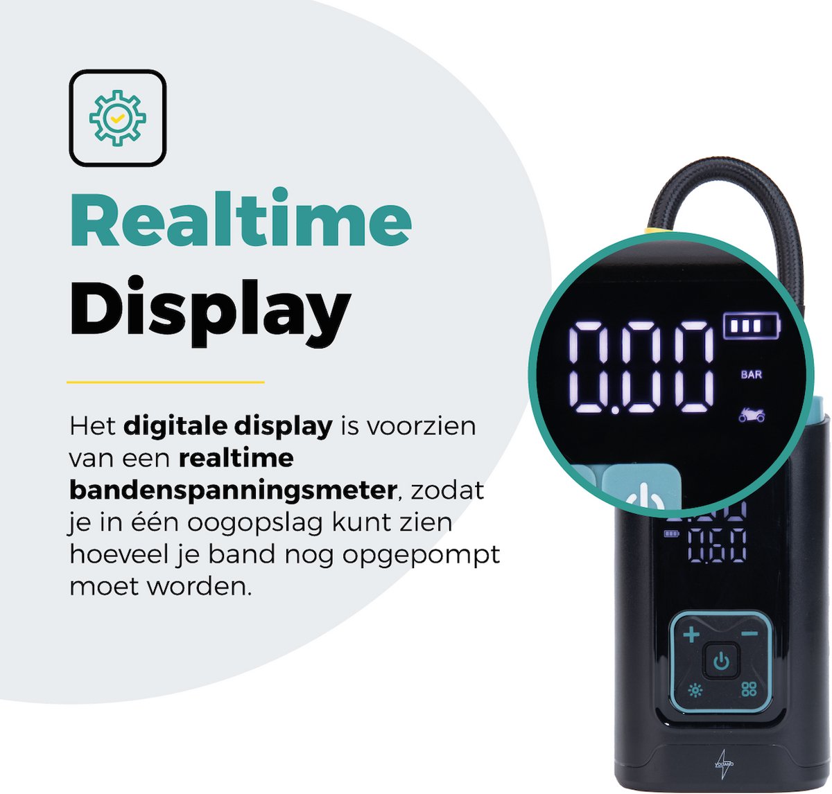 Voltano Elektrische Bandenpomp / Fietspomp Voor Auto / Motor / Scooter - Zwart / Ijsblauw - Draagbare Luchtcompressor - Voorgeprogrammeerde Standen - Pomp Tot 10,3 BAR - Incl. Opzetstukken Presta, Schader, Hollands Ventiel En Meer thumbnail 4