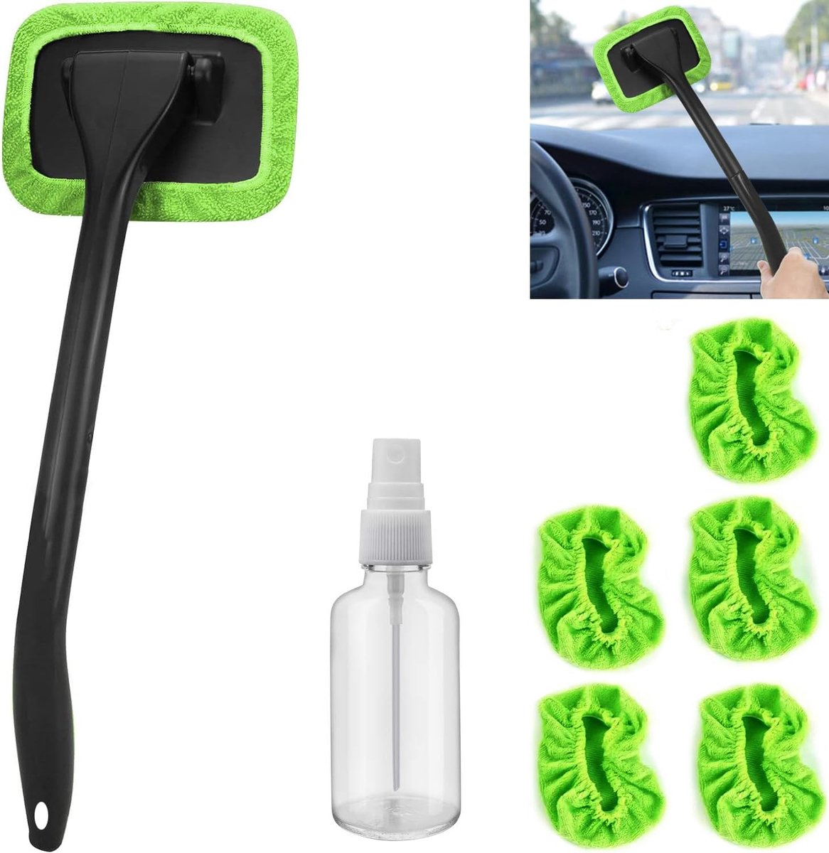 Auto-voorruitreiniger met 5 reinigbare en herbruikbare ultrafijne vezelpaden en uittrekkbare handvat voor auto-glaswegers (groen)