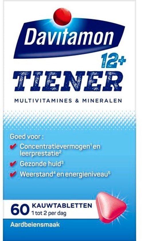 Verpakking Davitamon Tiener 12+, 60 aardbei kauwtabletten.