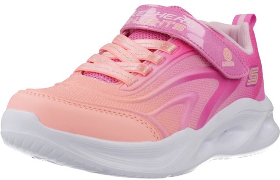 Roze sneaker met oranje tinten, glinsterende band en lichtjes.