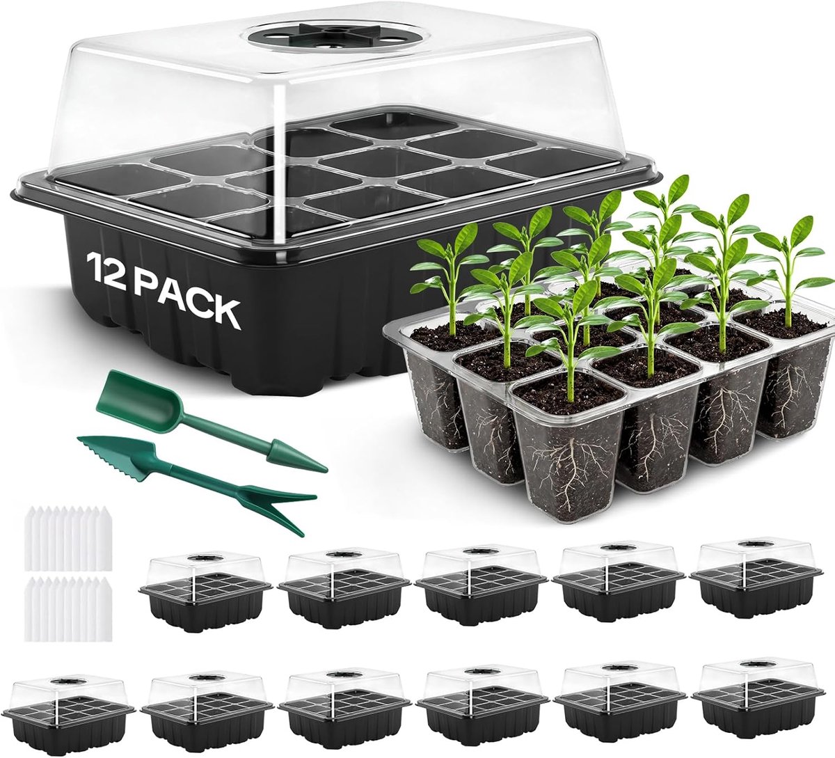Famanu – Zaadbakken - 12 stuks 144 cellen propagator kweken dikkere zaailingen starter kweekbakken met duidelijke deksels/verstelbaar venster voor kas en tuinen - zwart