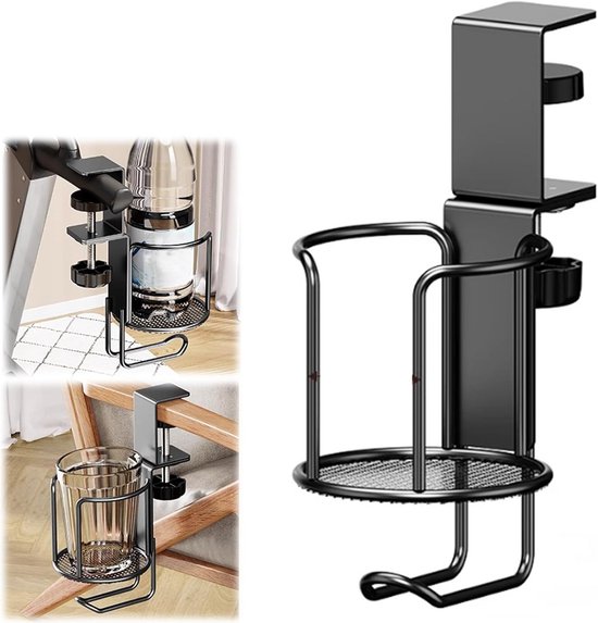 Zwarte metalen bureau bekerhouder met klem, die een fles, een glas en de houder zelf toont.