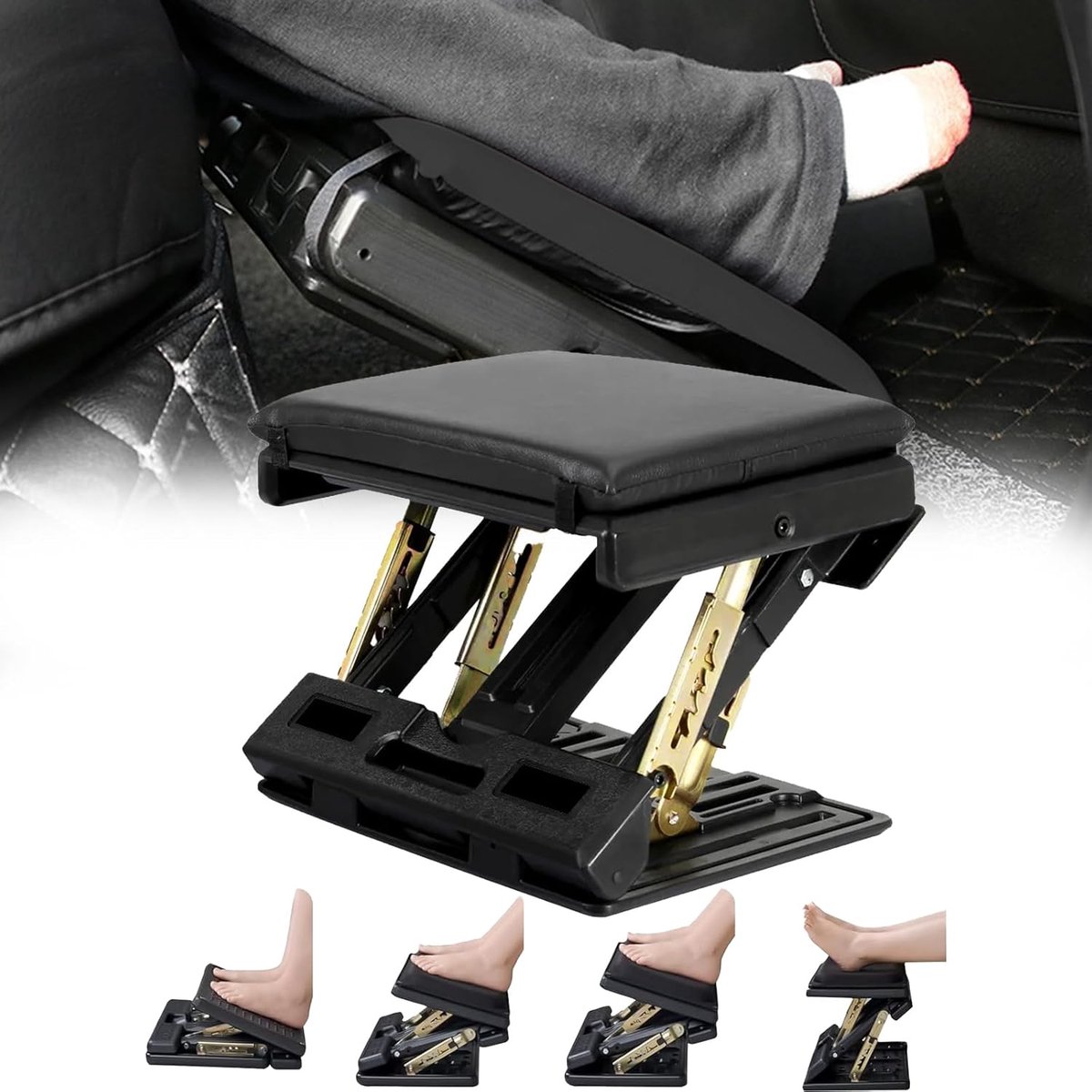 Famanu - Voetsteun Bureau, verstelbare voetenbank, voetenbank, afneembare kantoorvoetsteun, voetsteun met massage en zacht zitkussen voor auto, kantoor, thuis, reizen (zwart)