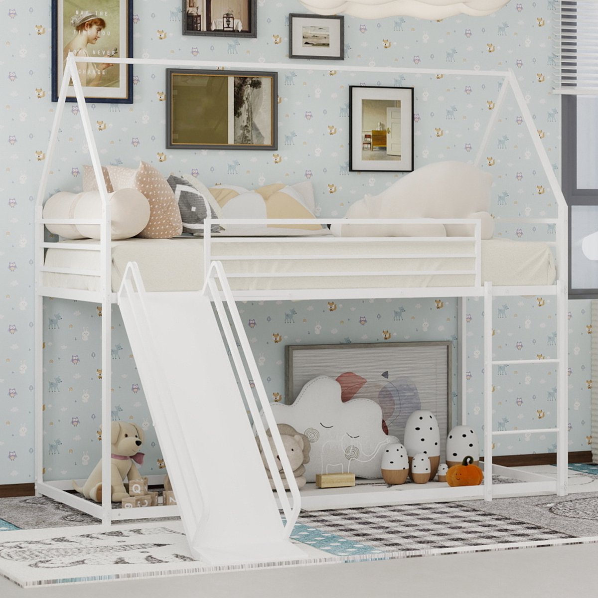 MODFU Stapelbed van ijzer – wit – met glijbaan en ladder – speelhuisdesign – kinderkamer