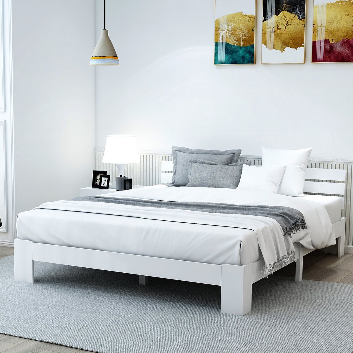 MODFU Bedframe 140x200 cm – Wit massief grenenhout – Tijdloos design