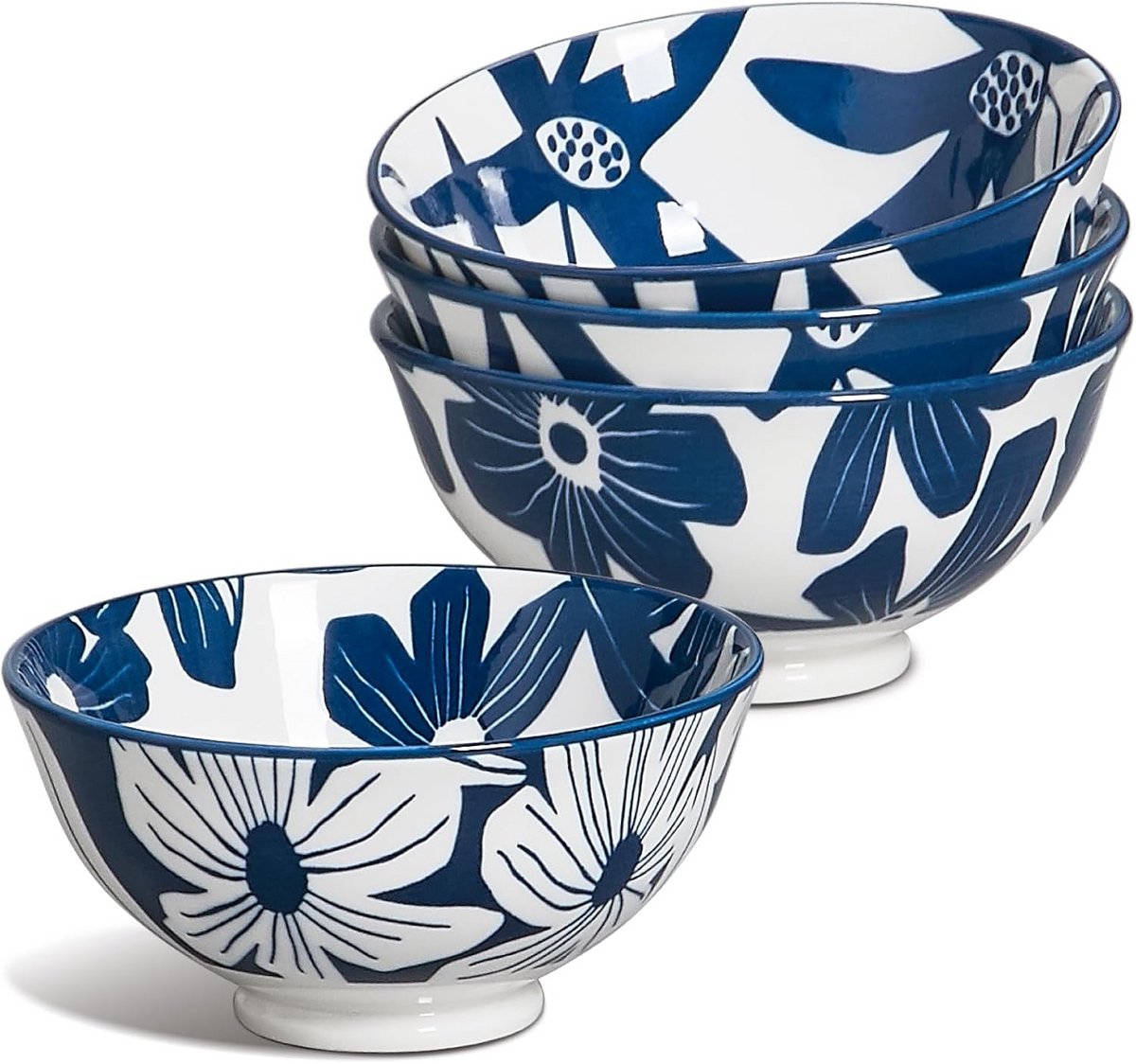 Set van 4 Keramische Soepkommen Blauw - Porselein Ontbijtkommen voor Dessert, IJs en Fruit - Magnetron en Vaatwasserbestendig