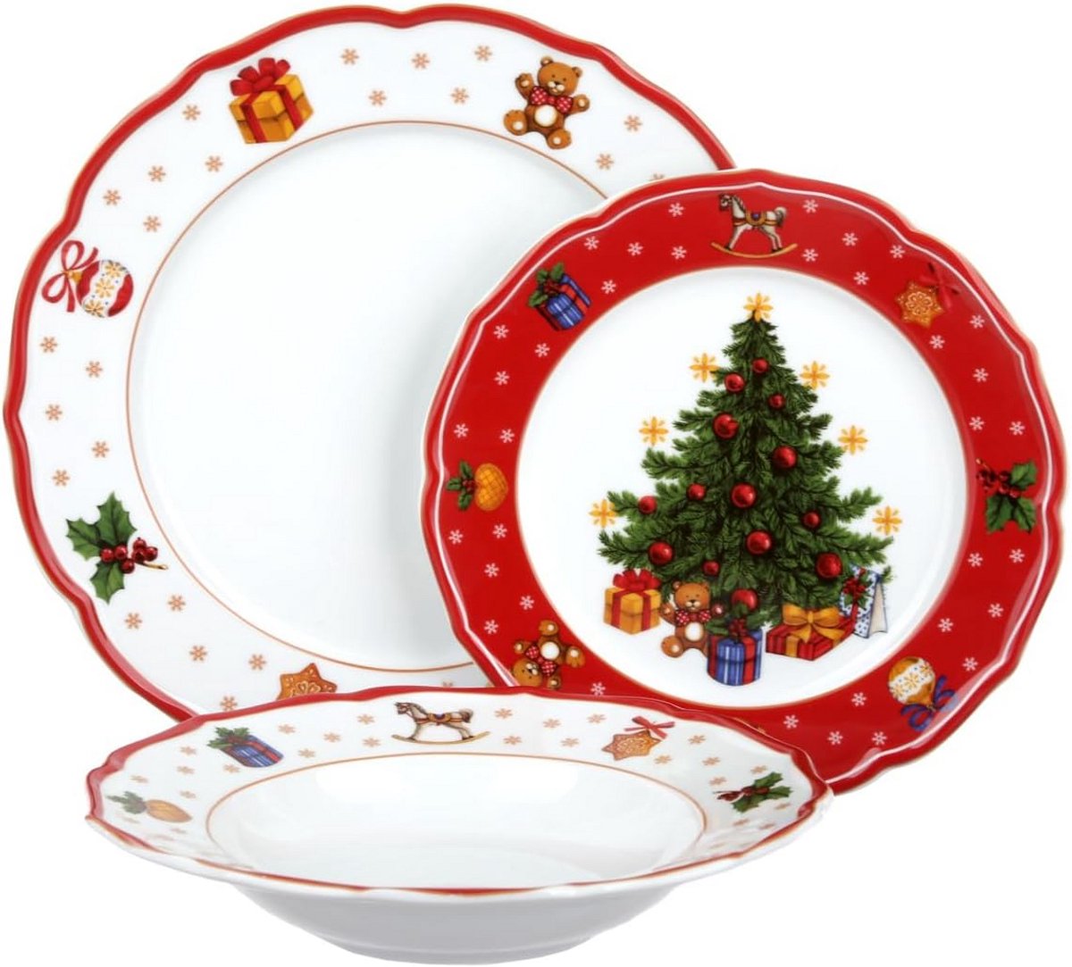 Kerstservies Set 3 Borden Porselein met Traditioneel Rood Randje