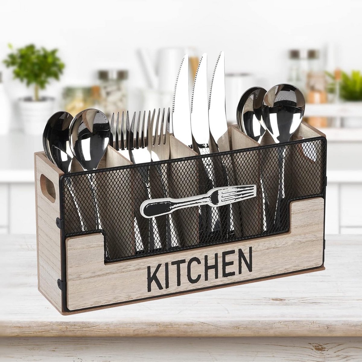 Houten Bestekhouder met 4 Vakken voor Tafel en Keukenopslag