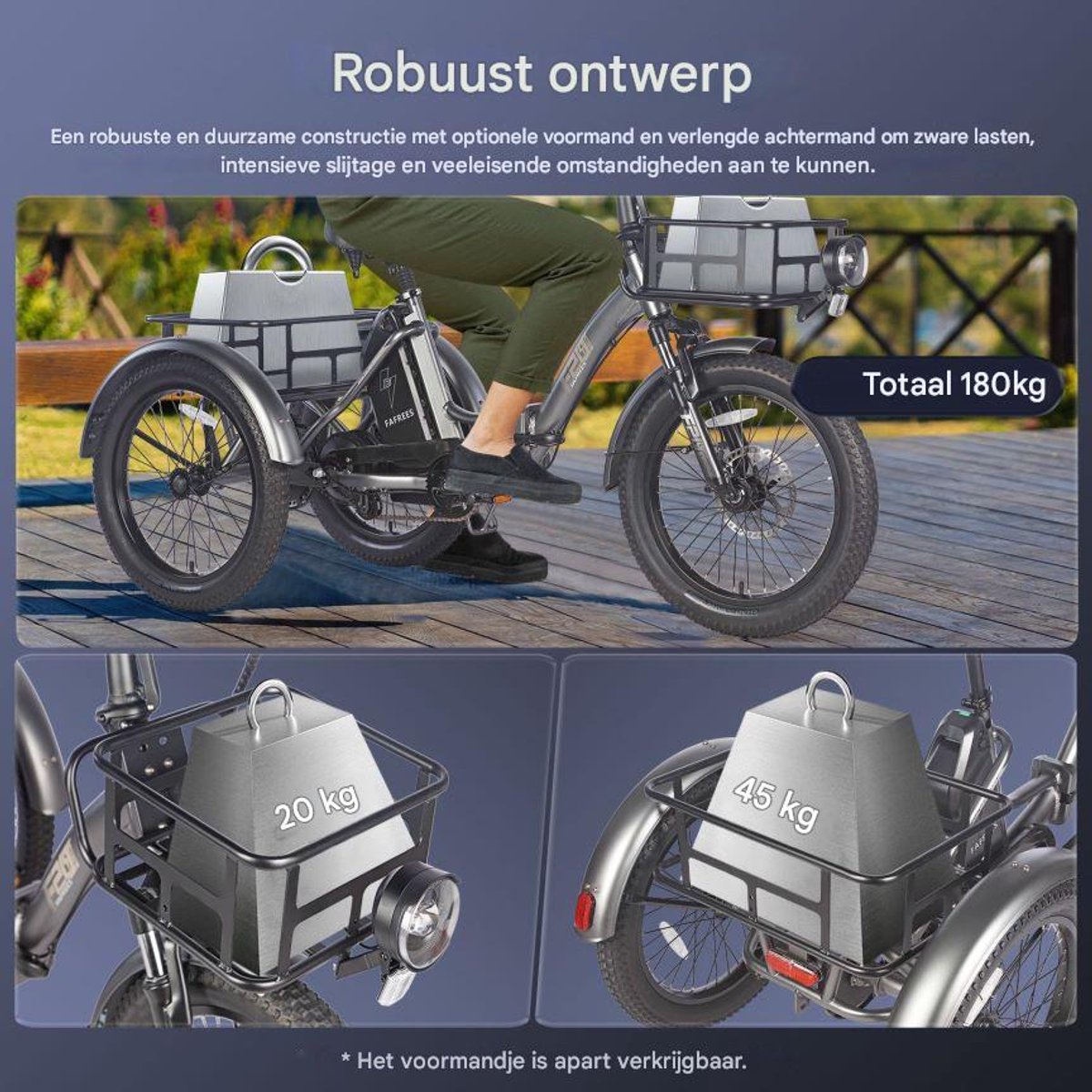 250W Dik Klapfiets E-Bakfiets 20 Inch 48V 18.2Ah Accu, Hydraulische Schijfremmen Elektrische Fiets, Elektrische Vrachtsfiets 180kg, Blauw Driewieler E-Bike – foto 3