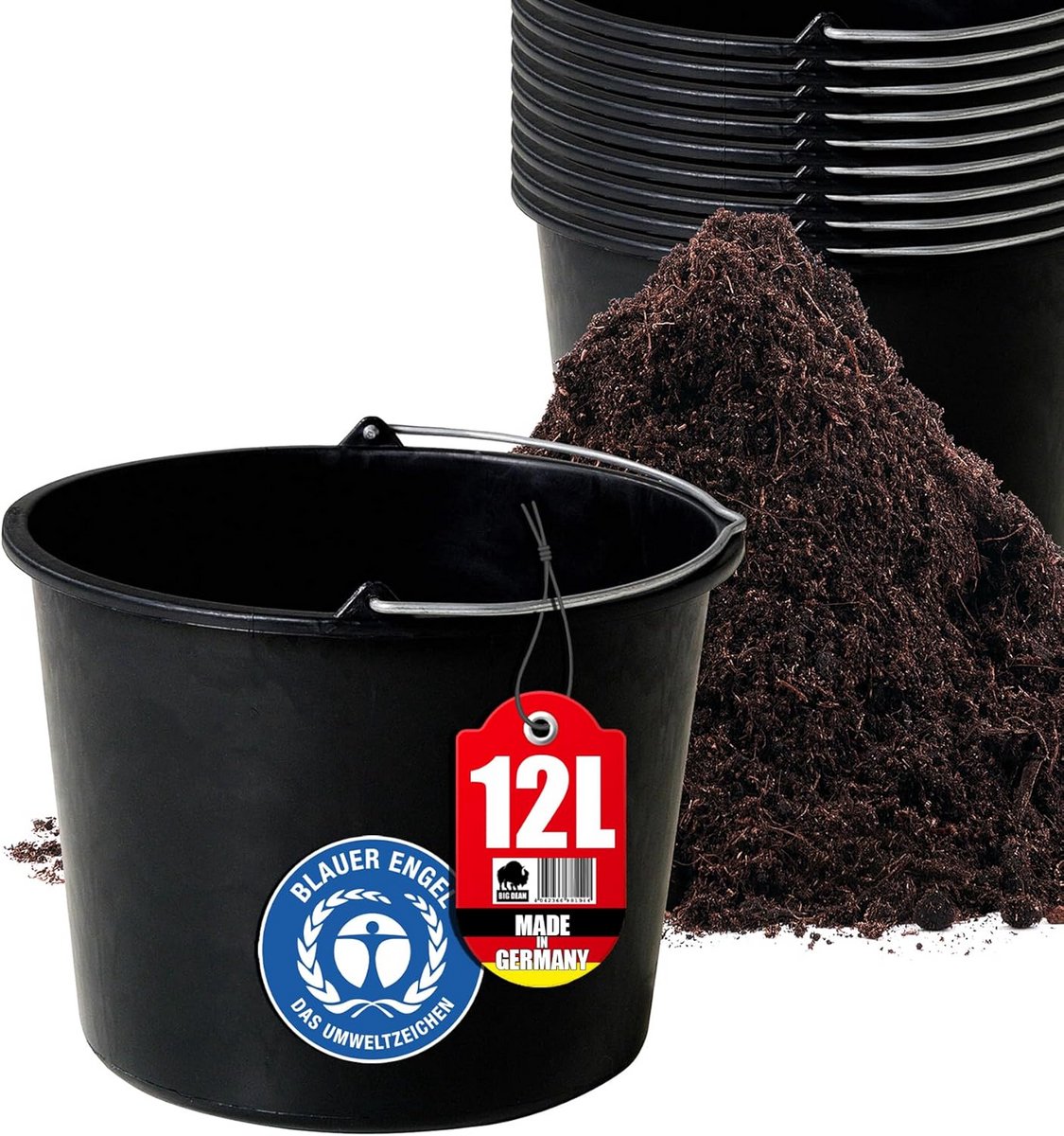 10 Stuks Bouwemmers met Handvat 12 Liter - Stabiele Mortel- en Wateremmers met Maatstrepen