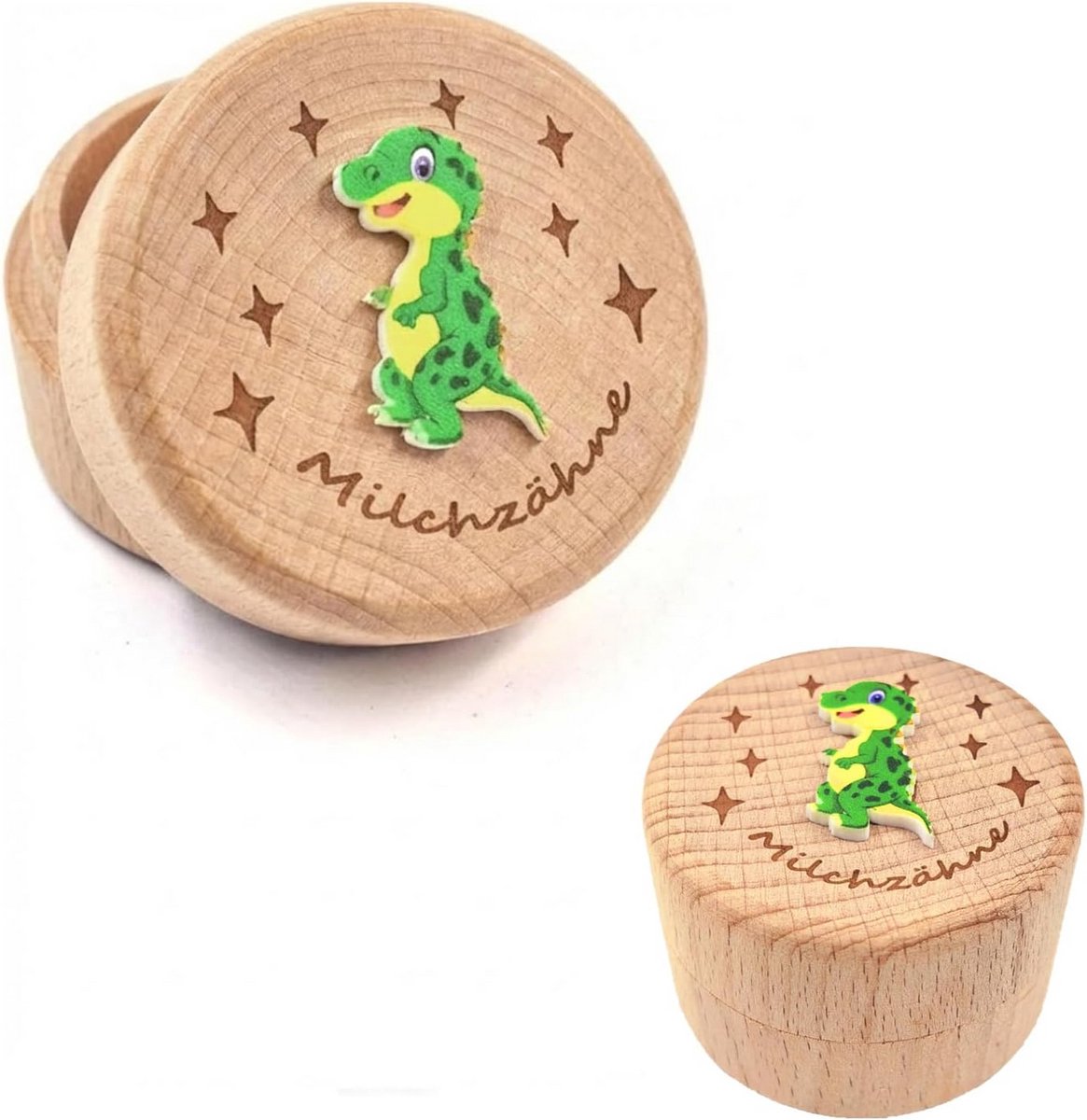Ronde Houten Melktandendoos met Dinosaurus voor Jongens en Meisjes