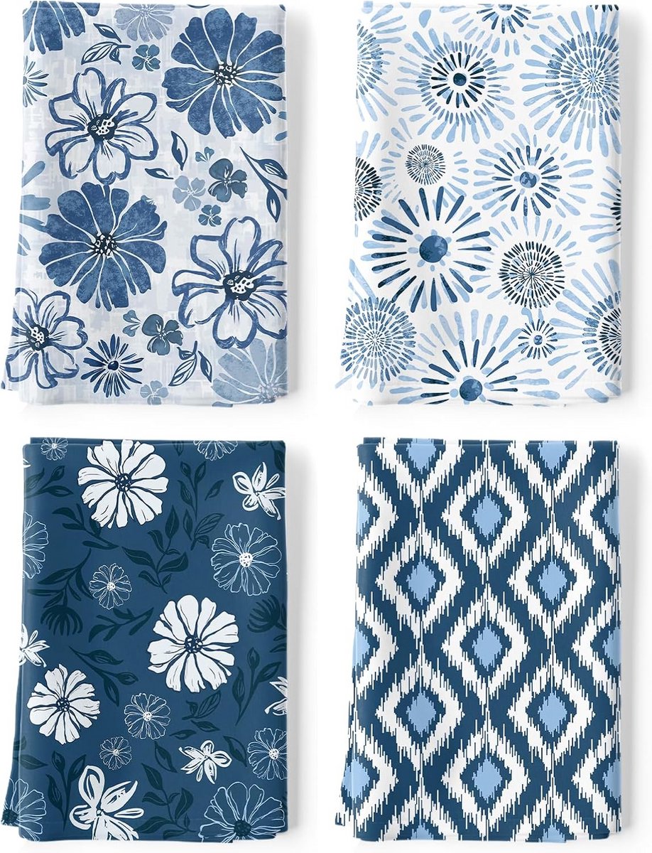 Set van 4 Boho Bloem Theedoeken - 100% Katoen, Absorberend en Decoratief
