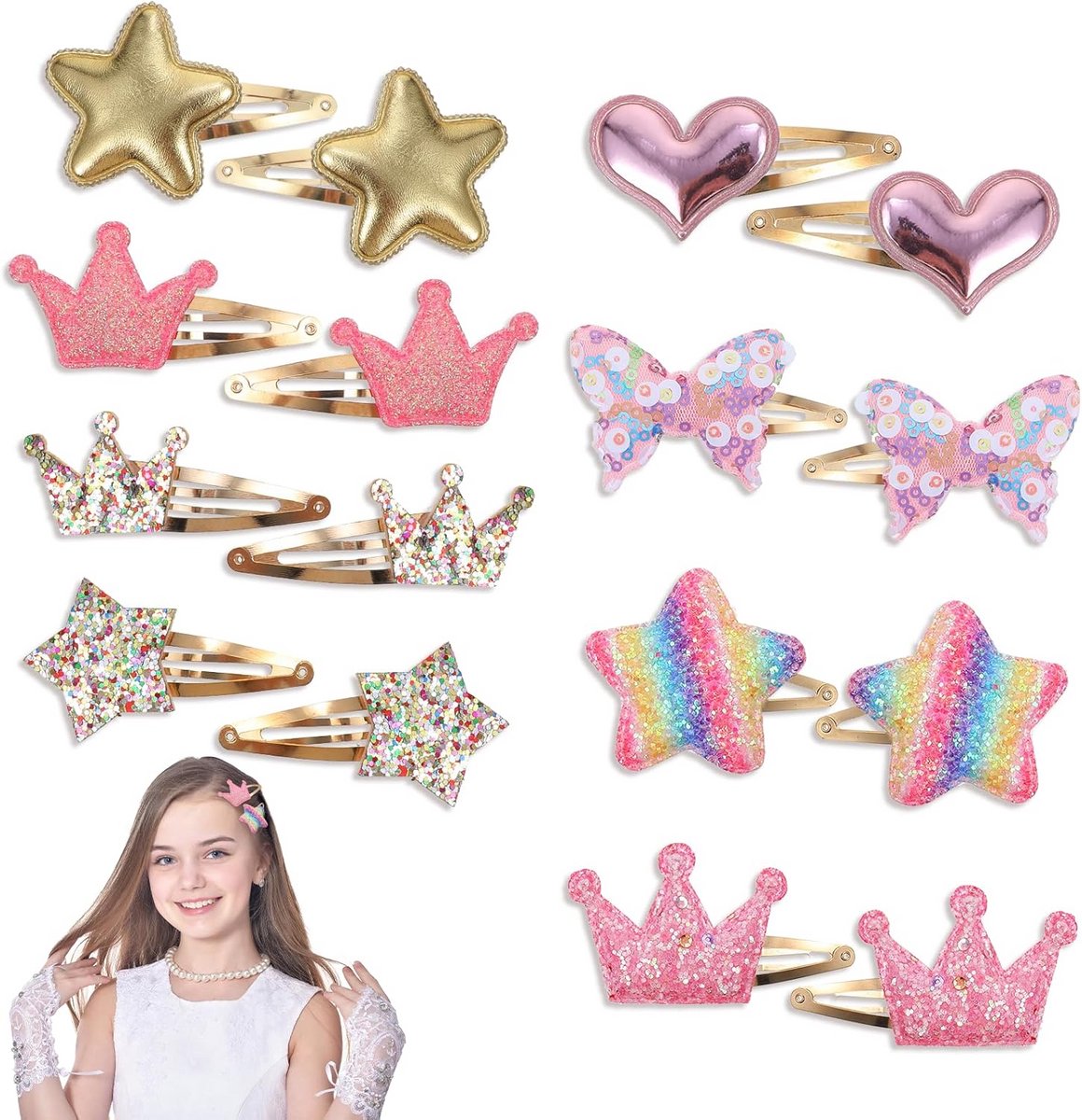 16 Stuks Glitter Haarspelden voor Meisjes met Kroon, Ster en Hartjes