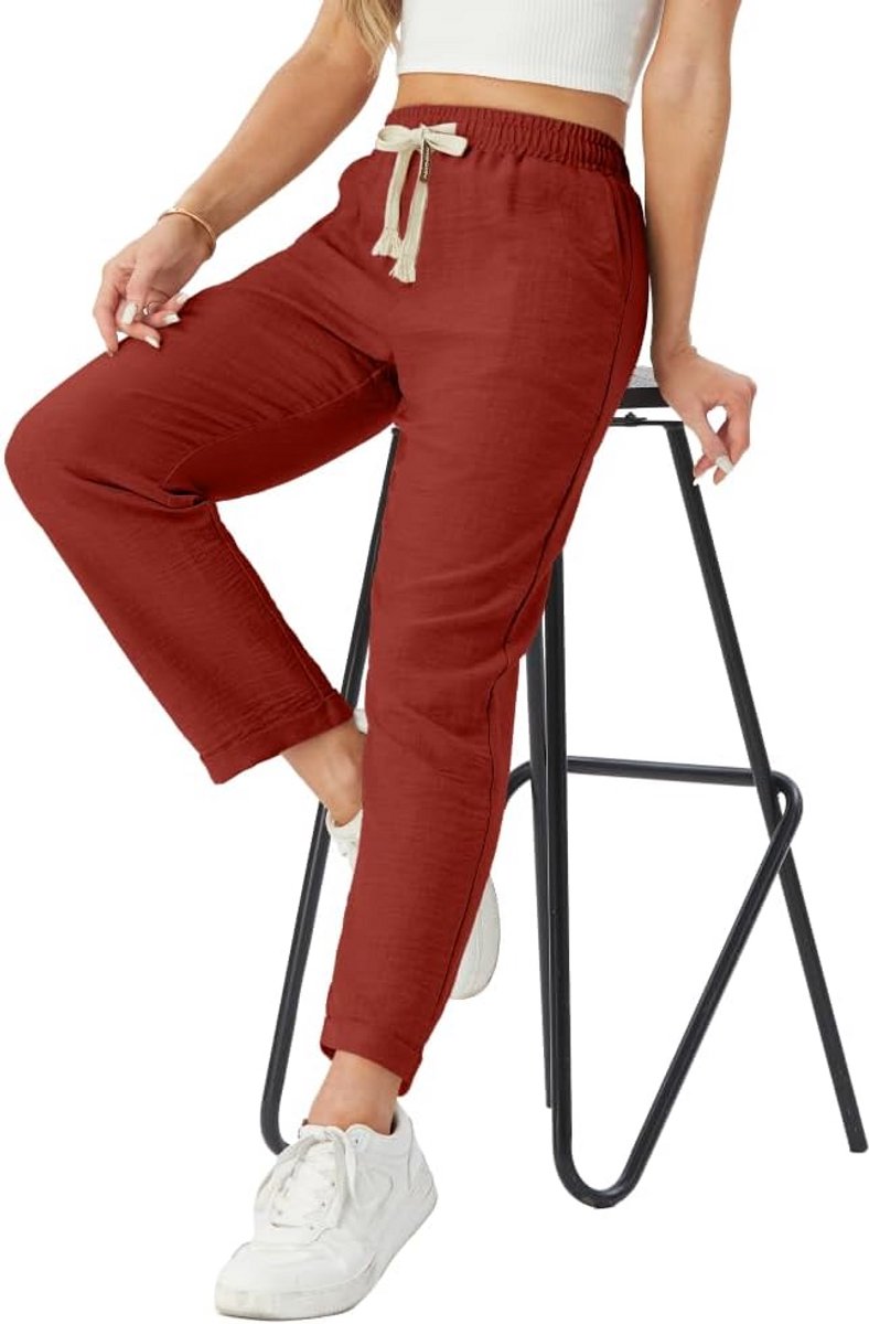 Dames Lichte Rechte Broek met Elastische Taille en Steekzakken