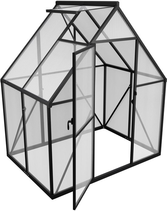 Zwarte aluminium kas met transparante polycarbonaat panelen en open dubbele deuren.