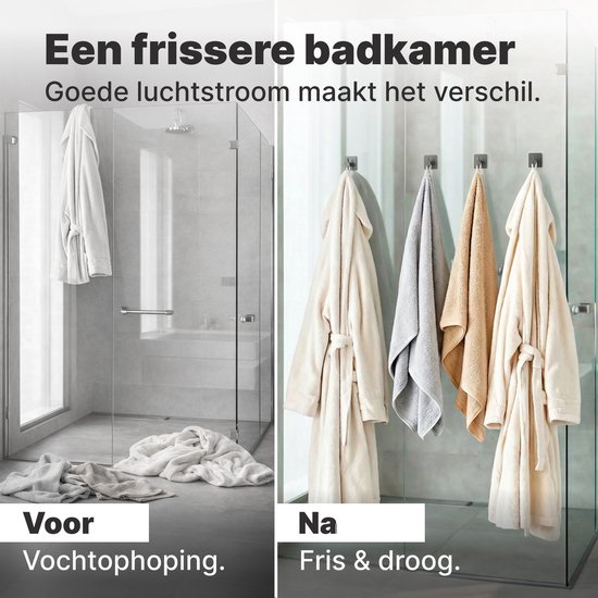 Een badkamer met een witte badjas voor 'Vóór Vochtophoping' en drie droge, frisse handdoeken en badjassen 'Na Fris & droog'.