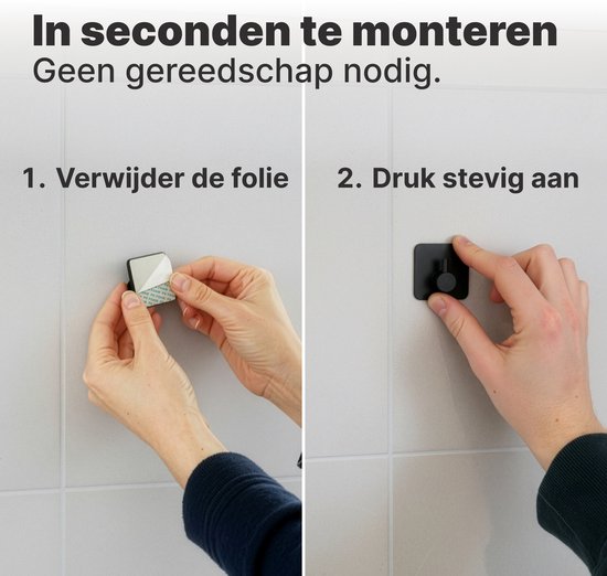 Installatie van een zwarte haak: verwijder de folie en druk stevig aan.