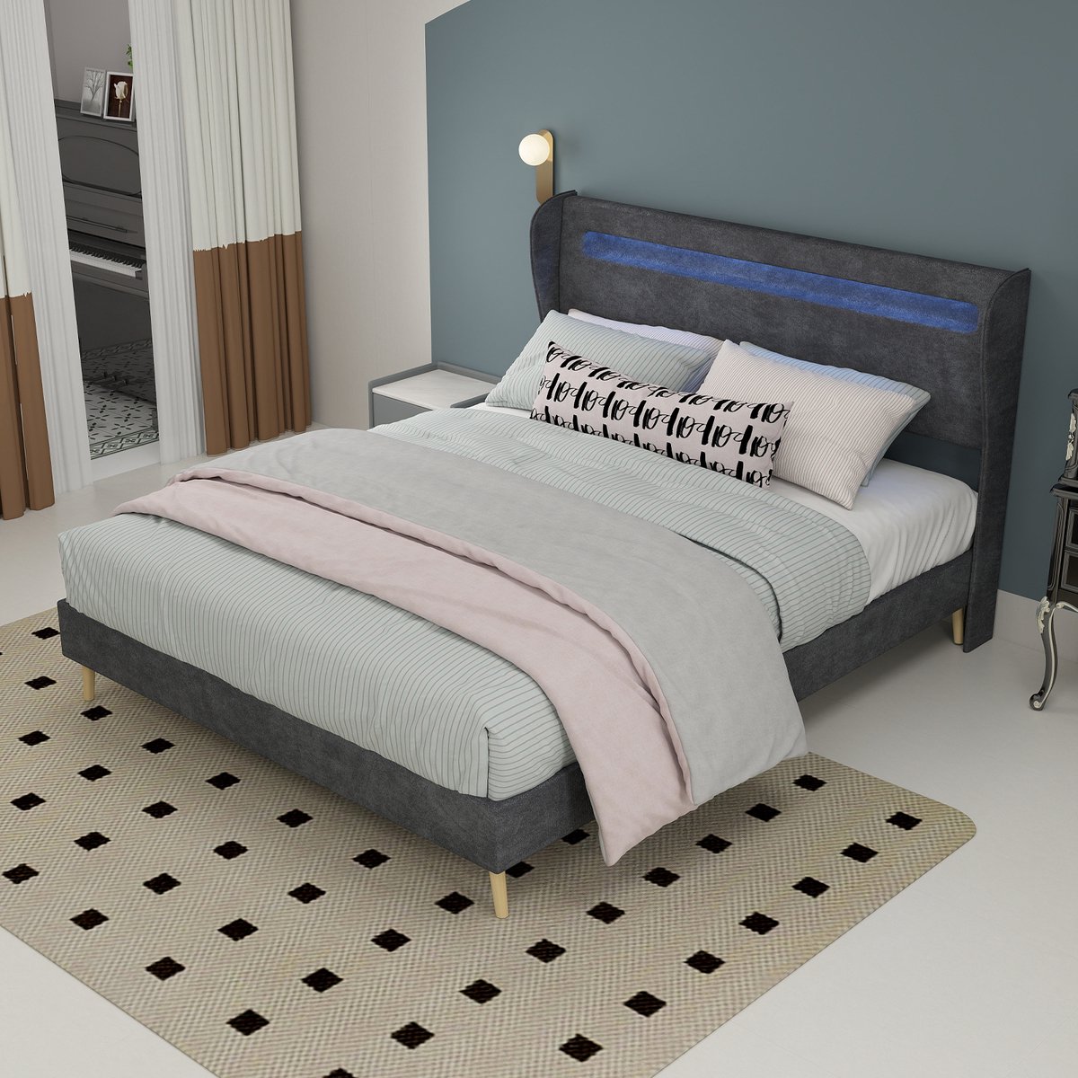 REDOM Gestoffeerd bed 140x200 cm – Met LED-verlichting en verstelbaar hoofdbord – Grijs
