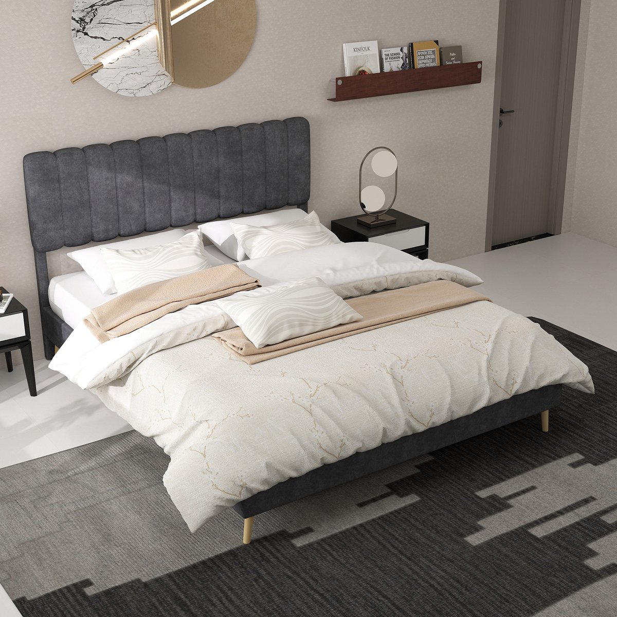 REDOM Gestoffeerd bedframe 160x200 cm – Zacht hoofdbord, modern minimalistisch – Grijs
