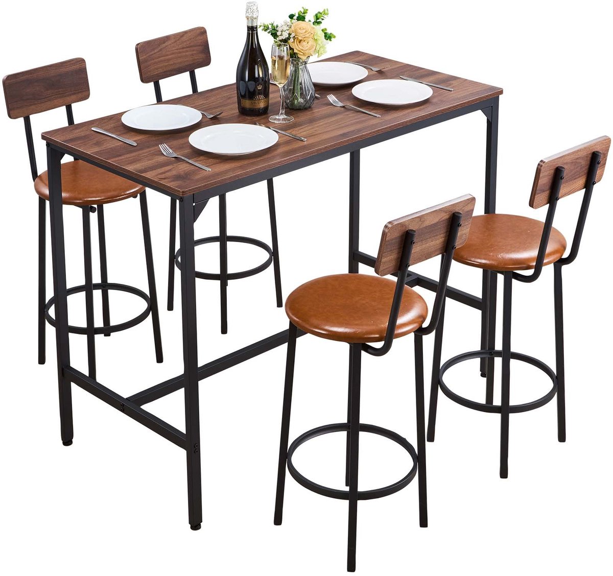Bartafelset - 5-delig met 4 barkrukken - Rechthoekig - Afgeronde Randen - Afmetingen 120 x 60 x 91,5 cm - Bistro- en Statafel - Hoge Eettafel