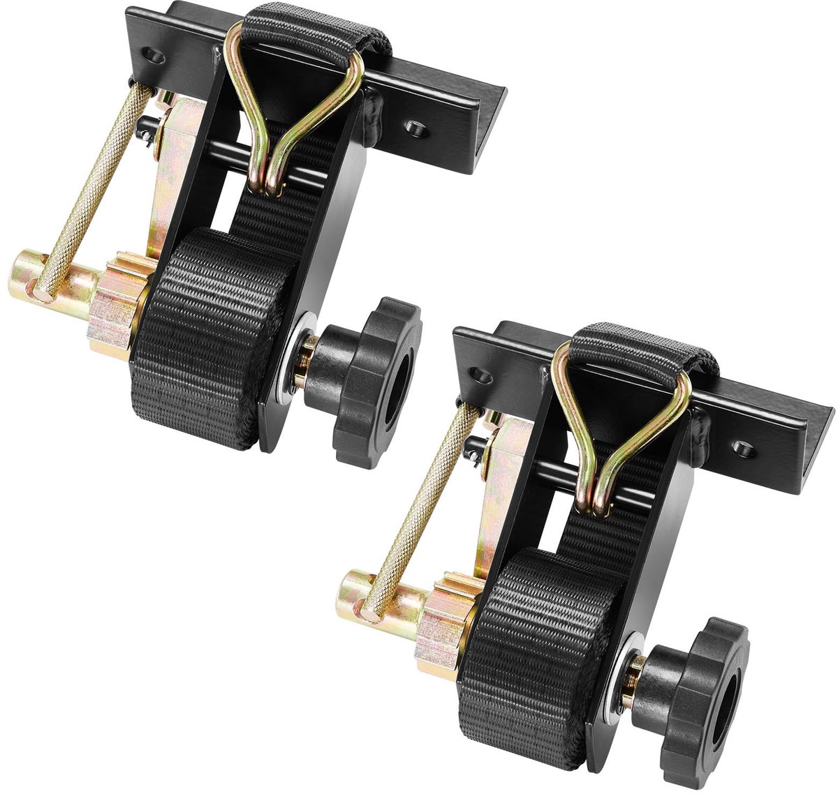 Ratelspanbanden - Sjorbanden voor ladderdragers/dakdragers - Afmetingen 38 mm x 2,25 m - Dubbele J-haken - Draagvermogen 226,8 kg - Voor vierkante buis - Set van 2 - Zwart