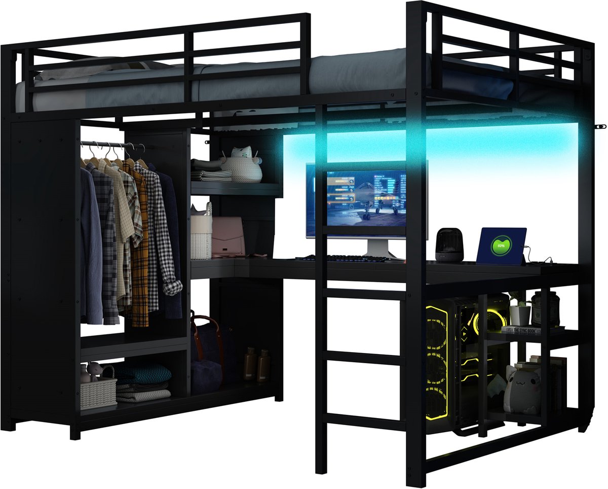 REDOM Hoogslaper – 140x200 cm – Met bureau & open kledingrek – LED-verlichting & laadstation – Metaal – Zwart