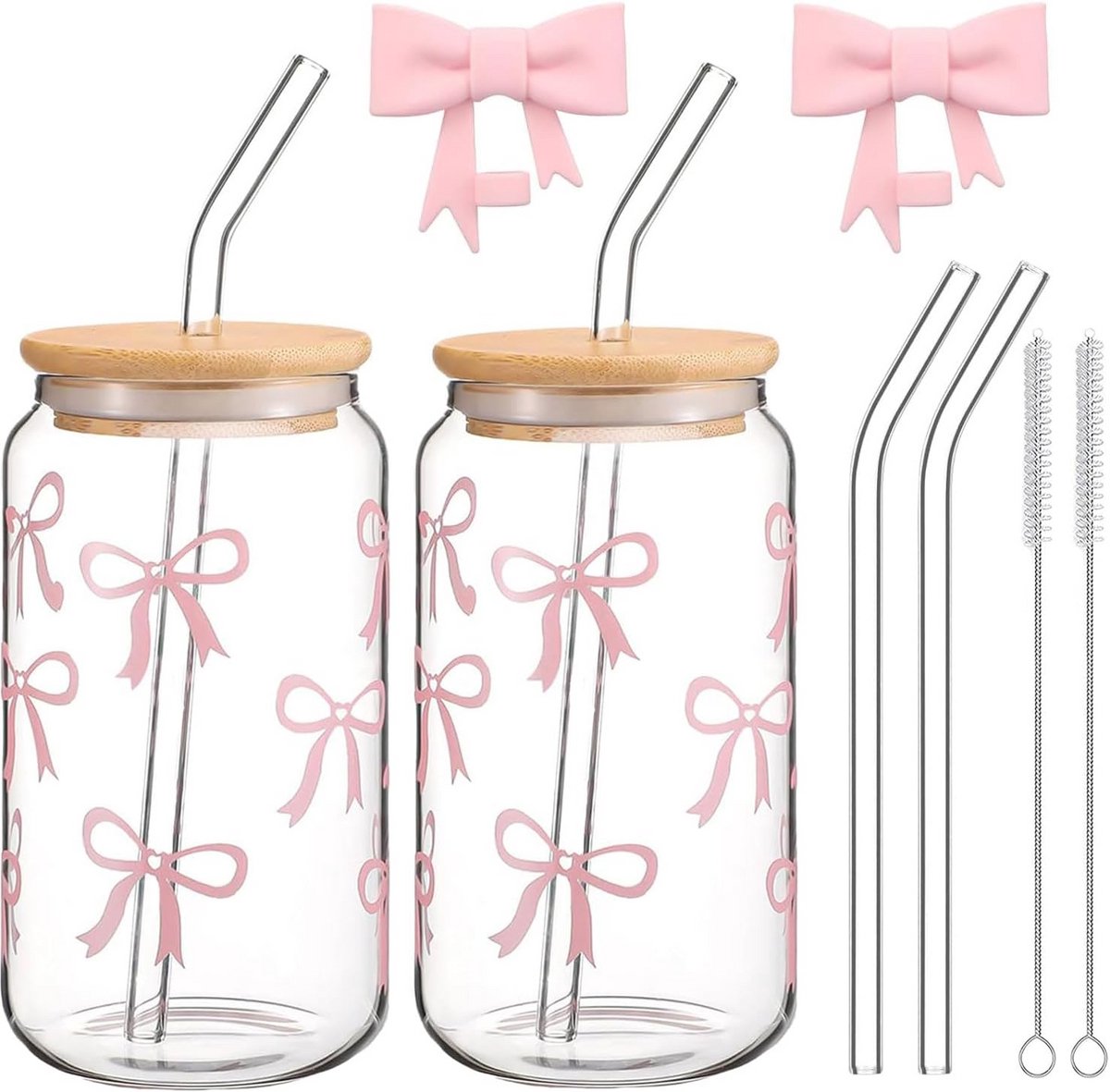 2 Set Drinkglazen met Rietjes en Deksel Pastelroze