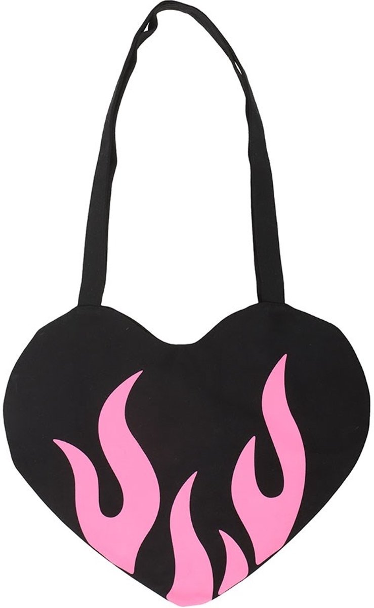 Pop-Punk 'Burning Heart' Tote Bag - Zwarte Hartvormige Draagtas met Roze Vlammen - 65 cm