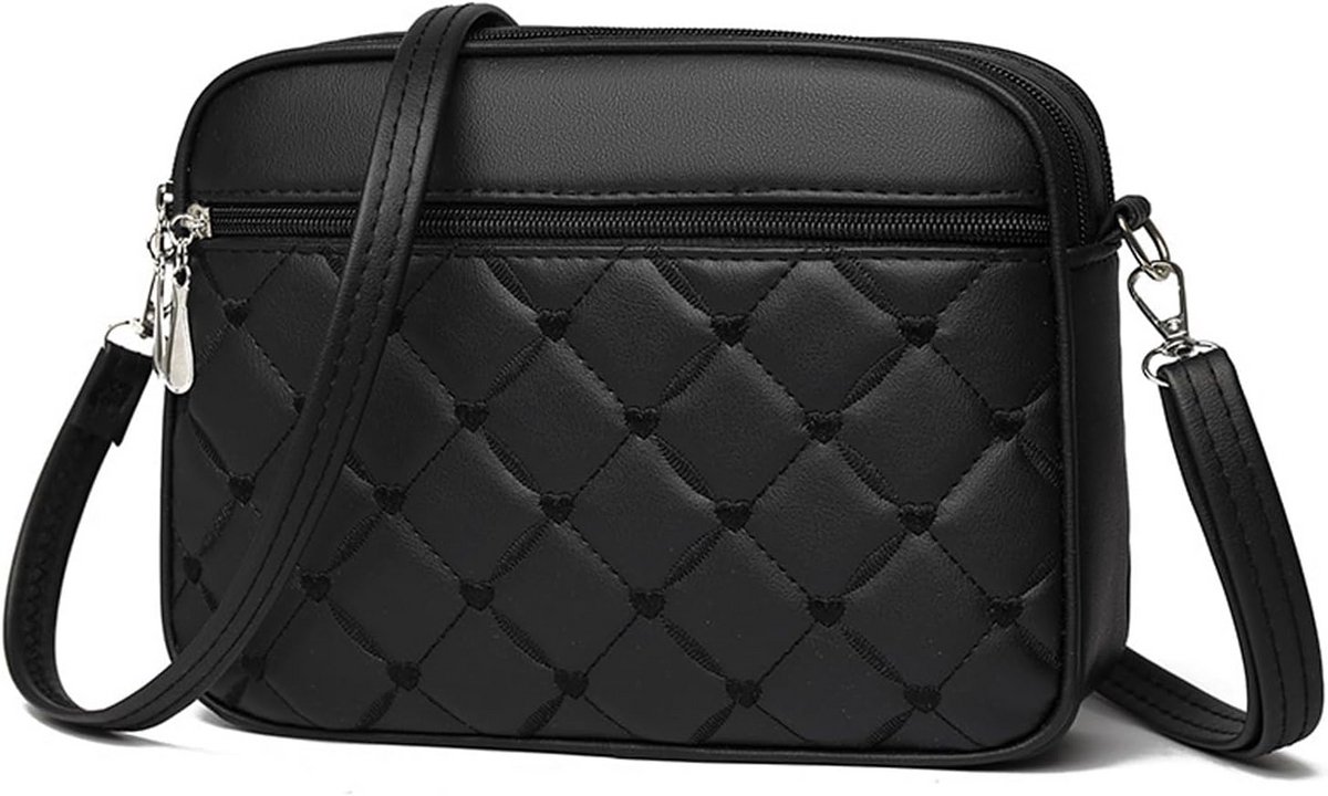 Kleine Zwarte Telefoontas Dames PU Leder Schoudertas met Hartdetails