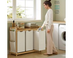 3-Vakken Wasmand met Plank en Zijvakken – Tot 150L – 3×50L Waszakken – 94×33×78 cm – Was Sorteerder