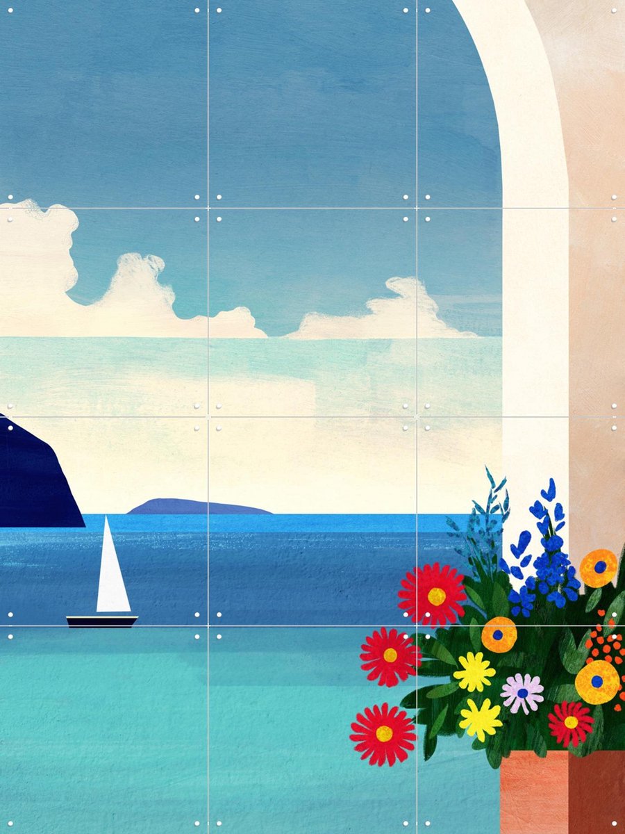 IXXI Greece, Boat and Flowers, Henry Rivers - 60 x 80 cm - Gratis ophangtool - Grote wanddecoratie en posters - Illustraties, Kleurrijk, Speels