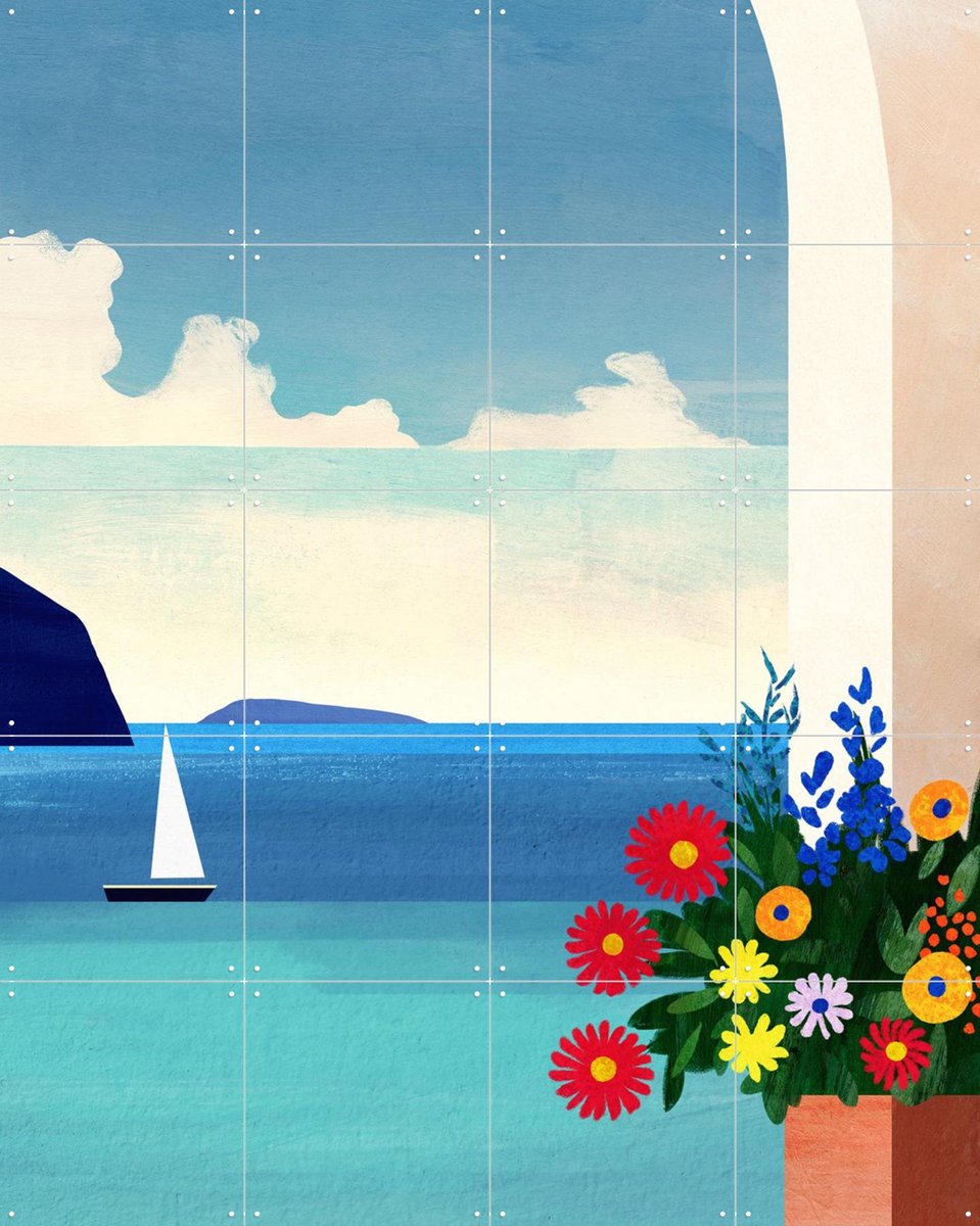 IXXI Greece, Boat and Flowers, Henry Rivers - 80 x 100 cm - Gratis ophangtool - Grote wanddecoratie en posters - Illustraties, Kleurrijk, Speels
